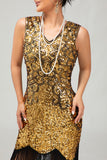 Sparkly Black Golden V Neck Bodycon Gatsby Midi 1920s Dress with Fringes