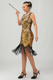 Sparkly Black Golden V Neck Bodycon Gatsby Midi 1920s Dress with Fringes