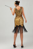 Sparkly Black Golden V Neck Bodycon Gatsby Midi 1920s Dress with Fringes