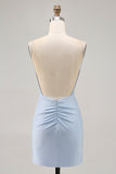 Blue Beaded Spaghetti Straps Bodycon Short Homecoming Dress