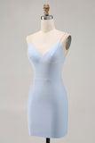 Blue Beaded Spaghetti Straps Bodycon Short Homecoming Dress