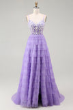 Purple Corset A Line Tiered Long Prom Dress