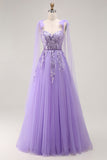 Purple A Line Sequin Lace Up Back Tulle Long Prom Dress with Bow Straps
