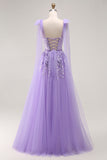 Purple A Line Sequin Lace Up Back Tulle Long Prom Dress with Bow Straps