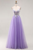 Purple A Line Appliqued Corset Long Prom Dress with Lace Up Back