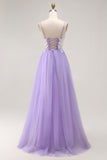 Purple A Line Appliqued Corset Long Prom Dress with Lace Up Back