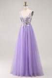 Purple A Line Appliqued Corset Long Prom Dress with Lace Up Back