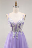 Purple A Line Appliqued Corset Long Prom Dress with Lace Up Back