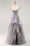 Grey A Line Beaded Sheer Corset Long Ruffle Prom Dress with Slit