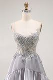 Grey A Line Beaded Sheer Corset Long Ruffle Prom Dress with Slit