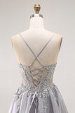 Grey A Line Beaded Sheer Corset Long Ruffle Prom Dress with Slit