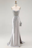 Silver Sheath Spaghetti Straps Beaded Corset Long Prom Dress with Appliques