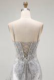 Silver Sheath Spaghetti Straps Beaded Corset Long Prom Dress with Appliques