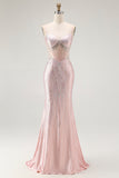 Blush Mermaid Corset Beaded Long Prom Dress with Lace Up Back