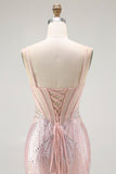 Blush Mermaid Corset Beaded Long Prom Dress with Lace Up Back