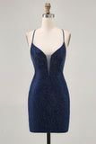 Dark Blue Beaded Spaghetti Straps Bodycon Homecoming Dress