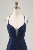 Dark Blue Beaded Spaghetti Straps Bodycon Homecoming Dress