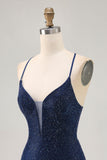 Dark Blue Beaded Spaghetti Straps Bodycon Homecoming Dress