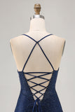 Dark Blue Beaded Spaghetti Straps Bodycon Homecoming Dress