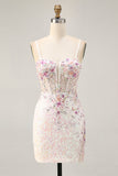 Sparkly Black Pink Flower Bodycon Corset Short Homecoming Dress with Sequins