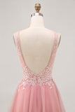 Sparkly Blush Tulle V-Neck Beaded Short Cocktail Dress with Lace