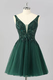 Sparkly Dark Green A Line V-Neck Short Homecoming Dress