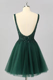 Sparkly Dark Green A Line V-Neck Short Homecoming Dress
