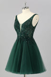 Sparkly Dark Green A Line V-Neck Short Homecoming Dress