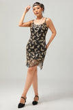 Sparkly Black Golden Spaghetti Straps Sequins 1920s Dress with Accessories Set