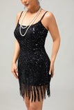 Saprkly Black Spaghetti Straps Fringed Sequins 1920s Dress with Accessories Set