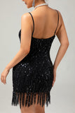 Saprkly Black Spaghetti Straps Fringed Sequins 1920s Dress with Accessories Set