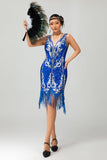 Sparkly Royal Blue Sequins Gatsby Midi 1920s Dress with Fringes
