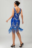 Sparkly Royal Blue Sequins Gatsby Midi 1920s Dress with Fringes