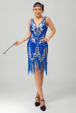 Sparkly Royal Blue Sequins Gatsby Midi 1920s Dress with Fringes