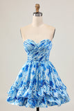 Strapless A Line Blue Floral Short Ruched Homecoming Dress