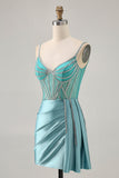 Sparkly Green Satin Bodycon Beaded Short Homecoming Dress with Streamer