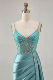 Sparkly Green Satin Bodycon Beaded Short Homecoming Dress with Streamer