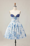 White Blue Flower A-Line Strapless Printed Beaded Homecoming Dress