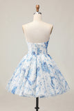 White Blue Flower A-Line Strapless Printed Beaded Homecoming Dress