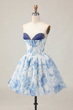 White Blue Flower A-Line Strapless Printed Beaded Homecoming Dress