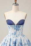 White Blue Flower A-Line Strapless Printed Beaded Homecoming Dress