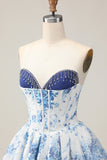White Blue Flower A-Line Strapless Printed Beaded Homecoming Dress