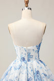 White Blue Flower A-Line Strapless Printed Beaded Homecoming Dress