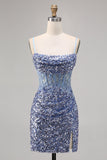 Sparkly Corset Grey Blue Bodycon Sequins Cocktail Dress