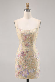Sparkly Floral Apricot Short Bodycon Cocktail Dress