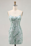 Green Bodycon Spaghetti Straps Beaded Homecoming Dress with Sequins