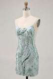Green Bodycon Spaghetti Straps Beaded Homecoming Dress with Sequins