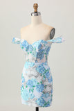 White Blue Flower Bodycon Off the Shoulder Sequins Short Homecoming Dress