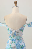 White Blue Flower Bodycon Off the Shoulder Sequins Short Homecoming Dress