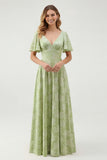 Sage Green Floral A Line Long Bridesmaid Dress with Sleeves
